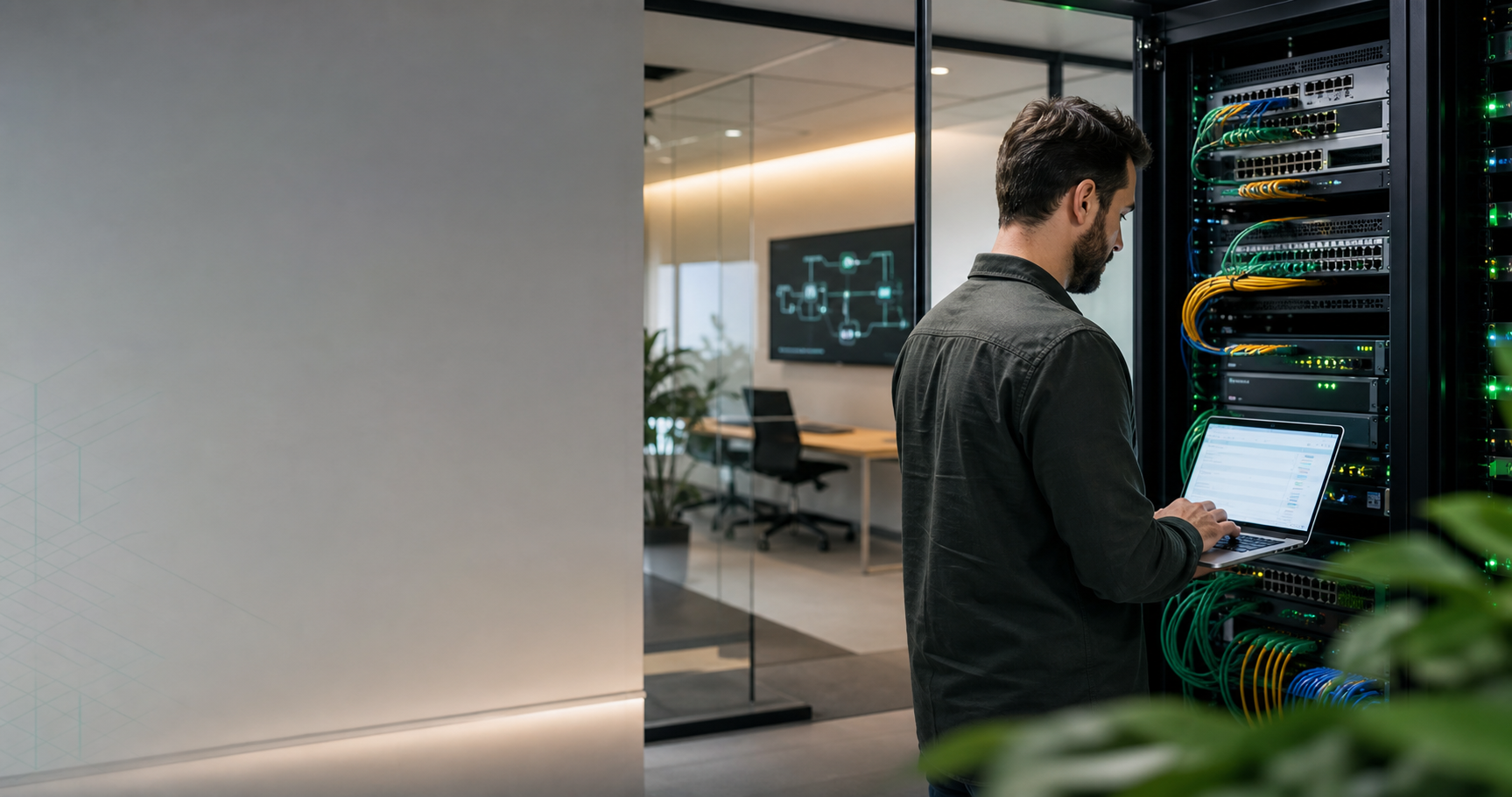 Modern business networking equipment and IT operations workspace